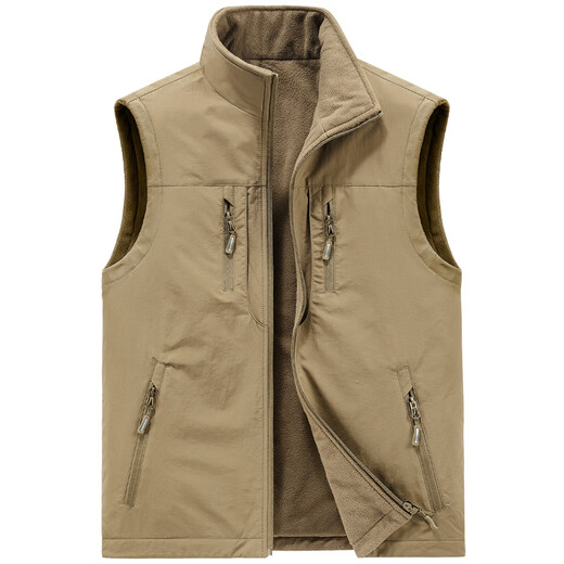 Walking Dragon Men's Velvet Vest Casual Reversible Vest Fishing Photography Vest 1806 Khaki Velvet L (125Jin Jin is equal to 0.5kg -140Jin Jin is equal to 0.5kg)