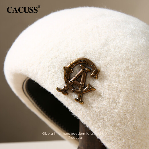CACUSS beret women's autumn and winter pure wool warm hat women's retro large head circumference showing face small painter hat beige