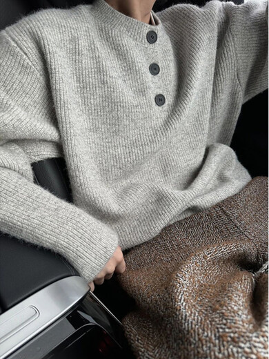 Muwei American retro Henry collar knitted sweater men's autumn cleanfit lazy style high-end woolen jacket Gray XL recommended 125-140Jin Jin equals 0.5 kg