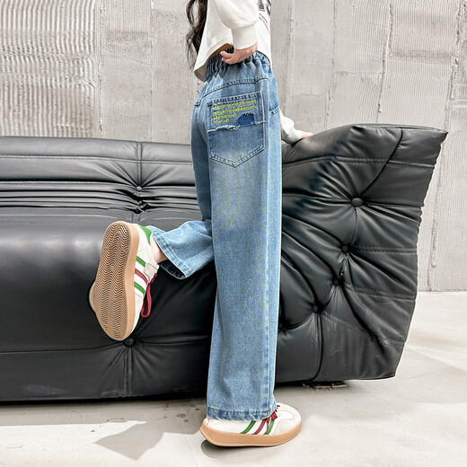 
Wooden wooden house girls' pants children's casual pants jeans spring and autumn clothing medium and large children's loose straight wide-leg pants 170 blue