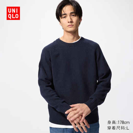 
Uniqlo men's clothing/men and women's style soft wool round neck sweater/long-sleeved sweater sweater478541 69 Navy blue L /175/100A