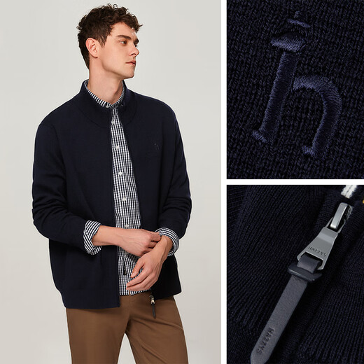 HAZZYS Men's Autumn and Winter Stand Collar Knitted Cardigan Outdoor Casual Wool Jacket Men's ABYZD0BCF01 Dark Navy Blue DN L (175/96A 48)