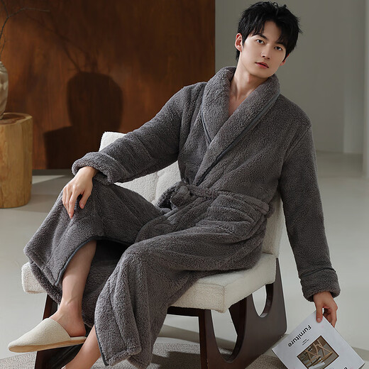 LangSha nightgown men's winter flannel warm plus velvet thickened long bathrobe coral velvet warm large size men's pajamas