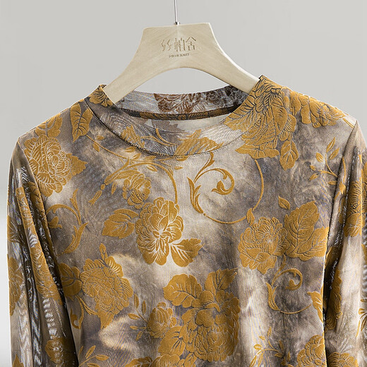 Cypress flower flocked mesh long-sleeved T-shirt for women 2025 autumn new style round neck slim slimming bottoming shirt