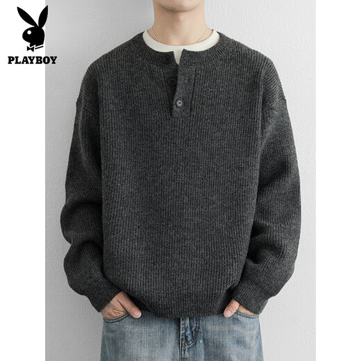 Playboy (PLAYBOY) Henry Collar Fashion Simple Knitted Sweater Men's Lazy Style Boys Sweater 2025 New Autumn and Winter Trend Light Gray M Recommended 100-120 Jin Jin equals 0.5 kg