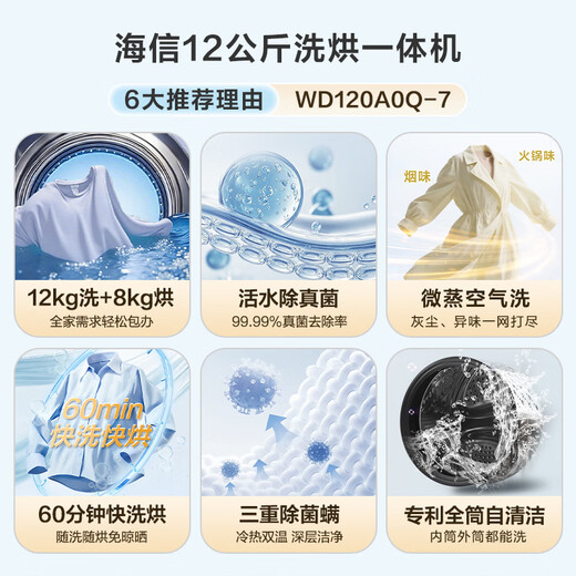 Hisense drum washing machine fully automatic 12kg ultra-large capacity washing and drying all-in-one ultra-thin high cleaning ratio running water wash WD120A0Q-7 trade-in subsidy