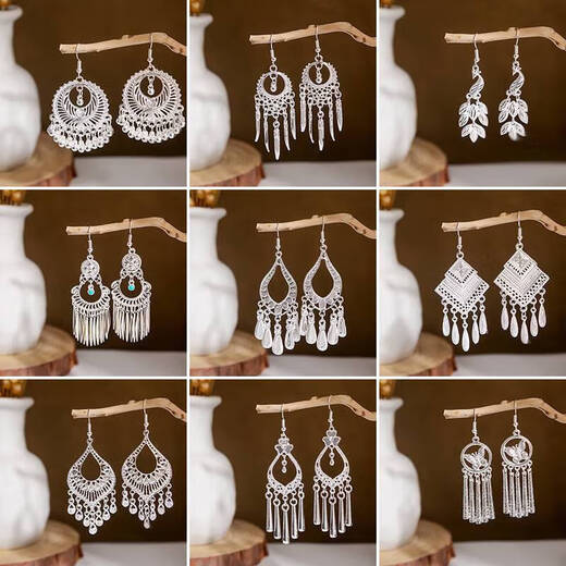
Eryi national style earrings retro style earrings a few silver jewelry headdresses Miao Bai ethnic group Dali Miao village silver jewelry Miao silver earrings E16864. Color