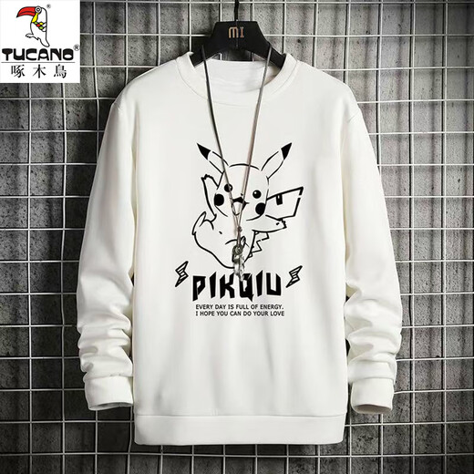 Woodpecker long-sleeved T-shirt men's autumn and winter trendy brand loose round neck bottoming shirt youth casual sports velvet sweatshirt clothes fishing cat white XL
