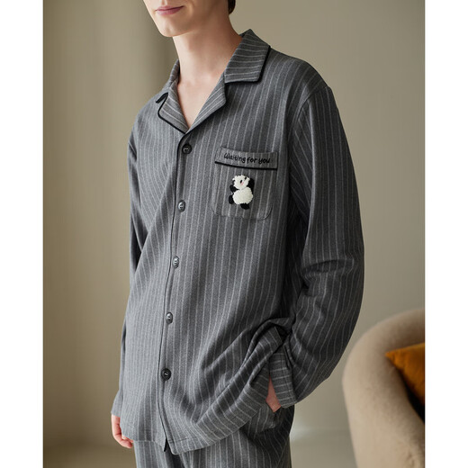 Fenten couple pajamas mousse velvet spring and autumn striped long-sleeved suit for men and women loose casual large size new home clothes gray single men's model XL recommended female 124-142, male 146-165 Jin Jin is equal to 0.5 kg