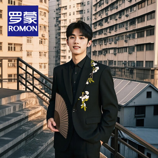 ROMON Chinese style camellia embroidered single button suit suit for men Korean style groom wedding banquet new Chinese style single suit black jacket + pants + stand collar shirt 2XL (recommended 171-195 Jin Jin equals 0.5 kg)