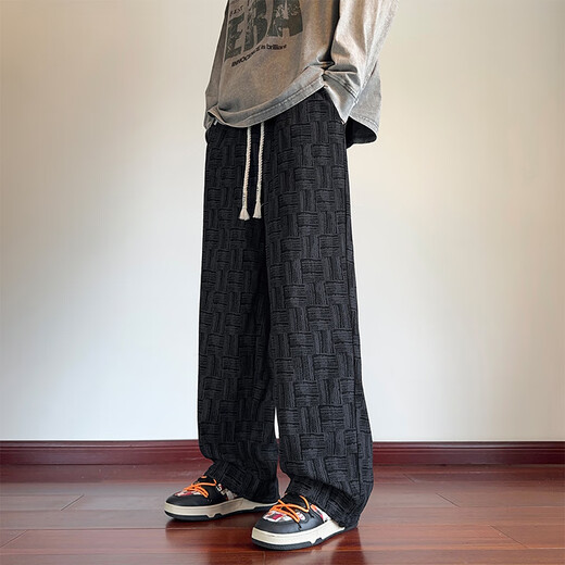 VUUG plaid American trendy brand men's autumn loose large size casual pants for boys and youth pants L black (trousers)