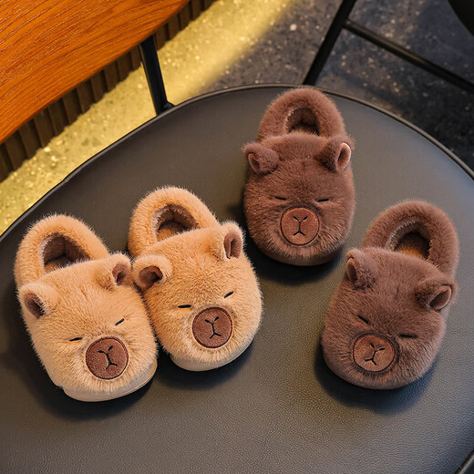 Kapibara winter children's bag with cotton shoes to keep warm at home. Furry EVA bottom non-slip cotton slippers for small and medium-sized children. Upgraded version of environmentally friendly material light brown color 12 32/33 shoe inner length 19.5 suitable for foot length 18.5