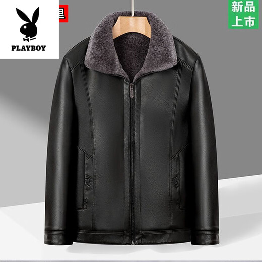 Playboy (PLAYBOY) chaqueta de cuero genuino Haining de alta gama para hombres en invierno nuevo estilo de piel con solapa integrada chaqueta de piel de oveja de primera capa forro de terciopelo de cordero negro cálido y engrosado 2XL 185 recomendado 140-155 Jin Jin equivale a 0,5 kg