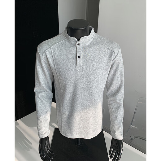 Katuchi Henry collar long-sleeved polo shirt for men in autumn American deconstructed splicing right shoulder sweatshirt boxy version inner base light gray L