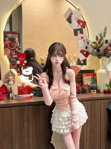 Korean gentle one-shoulder pink knitwear for women in fall and winter, slim-fitting pure lust style short tube top off-shoulder top for women in autumn and winter S