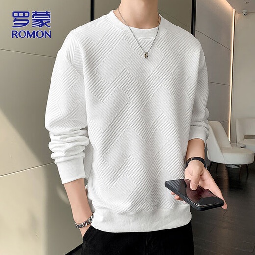 ROMON sweatshirt men's spring and autumn casual long-sleeved T-shirt men's jacket men's clothing bottoming shirt top white L