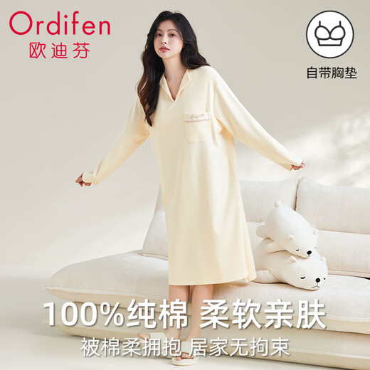 Odifen Nachthemdinnen Frauen Pyjamas Damen 100% reines Baumwolle mit Brustpolster Langarm Lupe Lecker einfach zu Hause Kleidung l