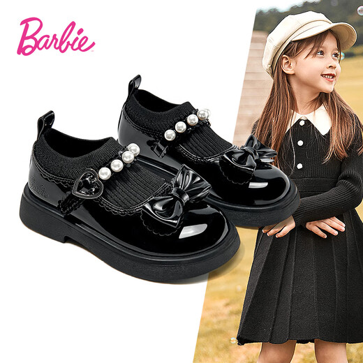 Barbie Girls Campus Black Leather Shoes Spring and Autumn Girls Soft Sole Small Leather Shoes Little Girls Princess Shoes DA6917 Black 31