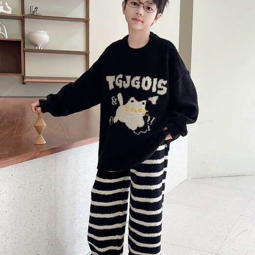 G.duck children's clothing boys' pajamas winter home clothes plus velvet autumn and winter big children thickened coral velvet boys' flannel trendy white 120 m