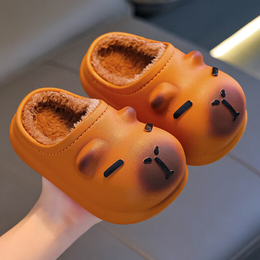 Kapibara children's cotton slippers feel like stepping on poop, boys' winter cute non-slip indoor bathing soft-soled baby slippers, upgraded version of environmentally friendly material desert gray slippers, size 12 35/36 (shoe inner length 21CM, suitable for feet 20