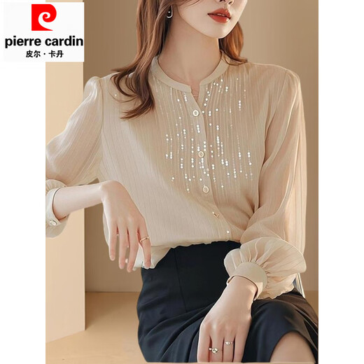 Pierre Cardin top chiffon shirt small shirt sequined spring and autumn women's clothing counter 2025 new long-sleeved cut label high-end bottoming beige shirt counter Western temperament S