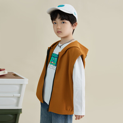 Duojia boys hooded vest 2025 spring and autumn children's sleeveless waffle inner vest vest children's jacket brown 160