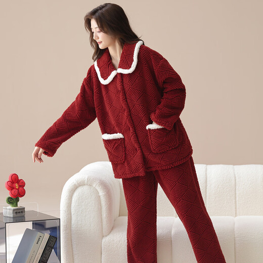 LangSha winter wedding couple pajamas for one man and one woman coral velvet thickened plus velvet warm newlywed home wear set 9751 couple XL female + 2XL male