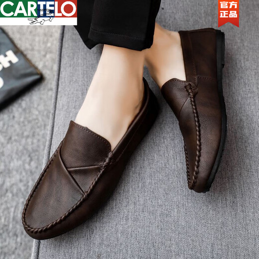 CARTELO men's beanie shoes Korean version of business work casual leather shoes breathable and versatile non-slip one-foot men's shoes 2025 spring S10-D829 black upgrade model 44