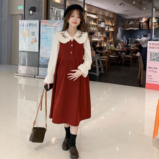 Maternity dress spring and autumn new design sense maternity wear loose doll collar shirt + vest sweet age-reducing trend red two-piece set L