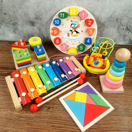 
Magic Beans, Live Basketball Children's Enlightenment Eight-Music Piano Wooden Punctuation Xylophone 1-2-3 weeks 4-year-old men and women's early childhood education baby toys Eight-Music Piano + Four sets of columns + beads + bells + towers