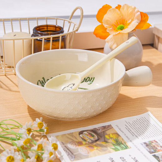 Cream repair dog one-person tableware four-piece set with high-looking underglaze color ceramic instant noodle bowl handle bowl rice bowl spoon and chopsticks Cream Wang (handle bowl) 1-piece set