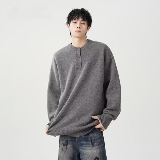 American retro Henry collar sweater for men and women, autumn trendy brand, loose off-shoulder casual sweater, lazy and versatile top, dark gray, regular, high quality, XL, recommended 125-140Jin Jin equals 0.5 kg