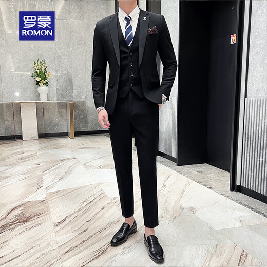 ROMON suit men's three-piece high-end tailoring business slim professional formal wedding dress jacket black XL