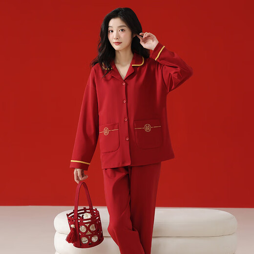 Pure cotton breathable couple pajamas red festive wedding home clothes lapel long sleeves trousers new suit animal year 66389 female bright red pure cotton pajamas M