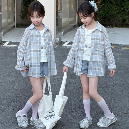 Girls Korean style plaid children's gentle style cardigan medium and large children girls plaid long sleeve jacket loose casual shirt KTM-W30 blue Korean style plaid shirt 150