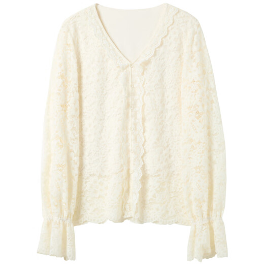 Sancai 2025 Winter New Lace Shirt V-neck Small Shirt Bell Sleeve Splicing Pullover Elegant M