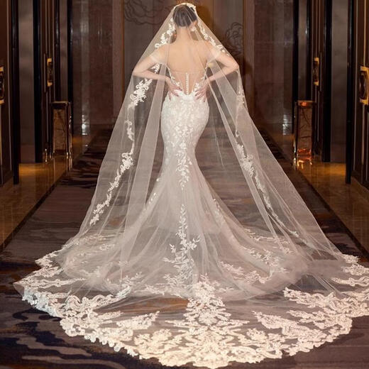 
Luxury brand heavy industry lace wedding veil extra large tailed bride wedding marriage certificate long headdress white 1.5 meters wide 3 meters long_hair comb model M 175c or above