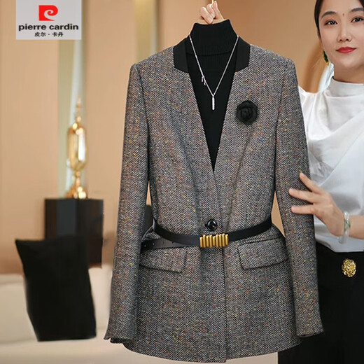 Pierre Cardin coffee color versatile suit suit for women in autumn and winter, thick herringbone pattern, fashionable and simple commuter suit, coffee color jacket + coffee color sweater + coffee color pants (comes with corsage + belt) 2XL 125-145Jin Jin is equal to 0.5 kg