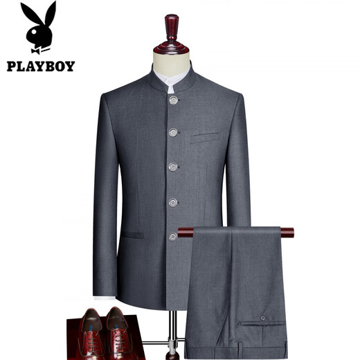Playboy (PLAYBOY) Mao suit men's slim-fitting Chinese style groom wedding dress Chinese stand collar suit Chinese style suit Mao suit gray (top + pants) M (114-129Jin Jin equals 0.5 kg)