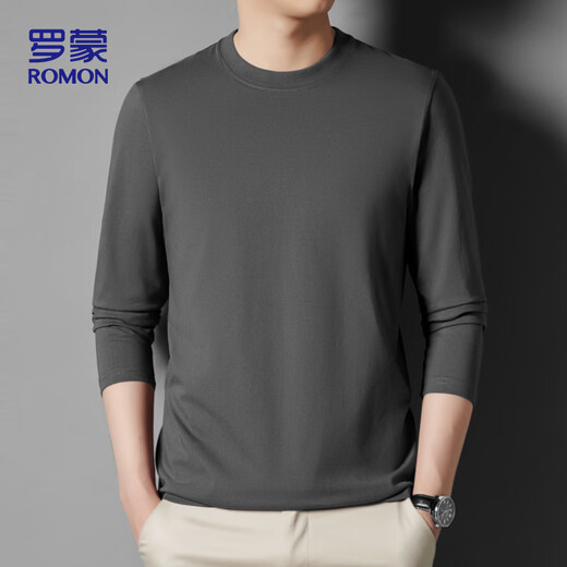 ROMON long-sleeved T-shirt men's spring and autumn solid color men's casual loose cotton bottoming shirt top men's 952 dark gray XL