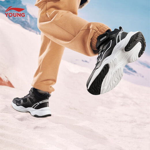 Li Ning children's shoes, children's cotton shoes, sports shoes, men's and women's, velvet, reflective, water-repellent, mid-top casual shoes, YKCU224, velvet, black-9 34