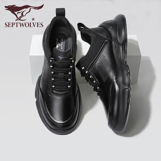 Siete lobos zapatos para hombres de otoño e invierno Nuevos zapatos casuales de cuero genuino para zapatos deportivos de suela gruesa para hombres para la capa de techo de cuero de vaca de cuero suave y versátiles negros 9793 42