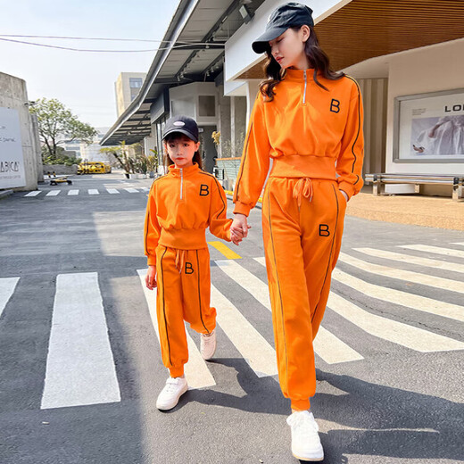 奥特曼炸街亲子装母女装洋气套装立领高腰显瘦春秋款休闲时尚两件套全棉 热售桔色 130