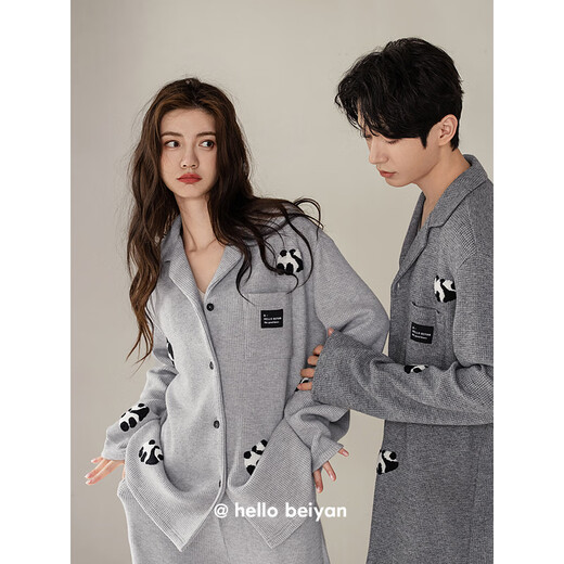 Beiyan Couple Pajamas Women's Autumn and Winter New Thick Knitted Cotton Long-Sleeved Lapel Cardigan Large Size Suit Men's Home Clothing C20790 Women's M