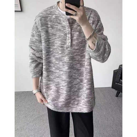 POUM sweater men's autumn and winter new mohair lazy style sweater Henry collar bottoming fir couple coat top CQS-3339 Gray XL