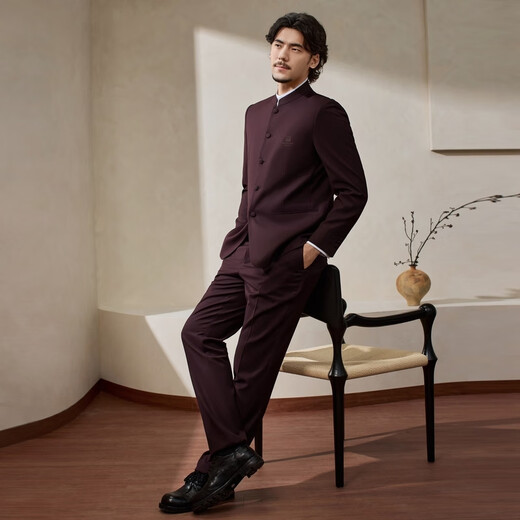 Qipai Chinese Stand Collar Men's Autumn and Winter Stand Collar Gentleman Business Blend Rhino Pleated Suit Suit Maroon 44 (B44)