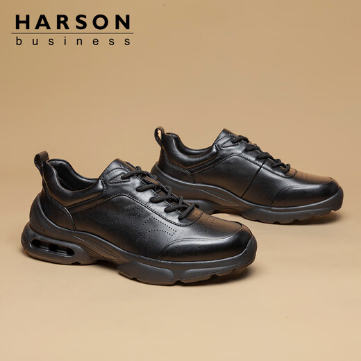 Harson Men's Autumn and Winter Casual Leather Shoes Commuting Business Thick-soled Heightening Sports Walking Shoes Black 41