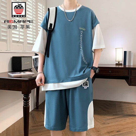 Aemape gefälschte zweiteilige T-Shirt-Herren-Sommeranzug New American Lose Casual Shorts Zwei-teilige runde Hals-vielseitige Kurzärmel Männer 686 hellgrauer Anzug M ca. 90 ~ 115 Jin [Jin gleich 0,5 kg] können getragen werden