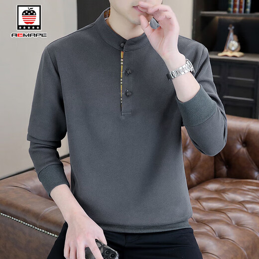 AEMAPE/American Apple Chinese Style Sweater Men's Henry Collar Spring Autumn Winter 2025 New Velvet Bottoming Shirt Autumn Clothes Military Green XL