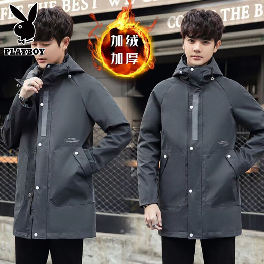 Playboy plus size plus size spring and autumn loose hooded college student casual winter fat trendy coat long men's windbreaker 621 black plus velvet 7XL wear 220-240Jin Jin is equal to 0.5 kg